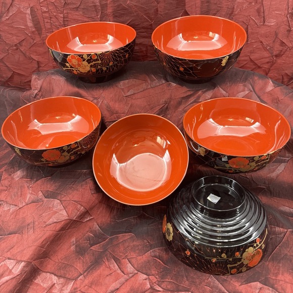 Other - Japanese Lacquerware Bowls‎ Soup Rice Noodles Red Black Gold Floral Miso Japan